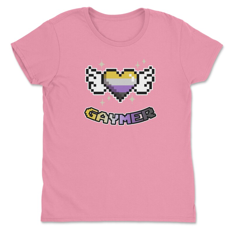 a pink t - shirt with a pixel heart on it