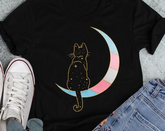 Transgender Pride Shirt, Trans Pride Gift, LGBT T-shirt, Gay Pride Month Festival, LGBTQ, Trans Flag, Subtle, Space Moon Cat, Black Cat