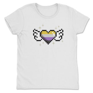a white t - shirt with a pixel heart on it