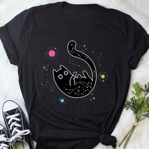Pansexual Pride Shirt, Women Men, Pan Pride Flag Gift, LGBT T-shirt, Gay Pride Month Festival Tee, Subtle Space Galaxy Cat, Black Cat