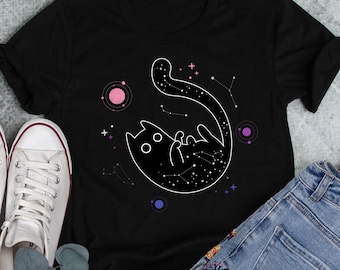 Genderfluid Pride Shirt, Non Binary Pride Gift, LGBT T-shirt, Gender Fluid Flag Tee, LGBTQ, Transgender Trans, Space Galaxy Cat, Black Cat
