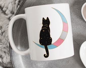 Transgender Pride Coffee Mug, Trans Flag Gift, LGBT Mug, Butterfly, Gay Pride Month Festival, Subtle, Discreet, Space Moon Cat, Black Cat