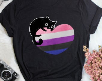 Maglietta Genderfluid Pride, regalo per l'orgoglio non binario, maglietta LGBT, maglietta con bandiera Gender Fluid, LGBTQ, transgender trans, cuore di gatto nero