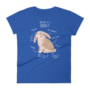 May include: A blue t-shirt featuring a cartoon rabbit illustration and the text "Anatomy of a Rabbit". The rabbit has brown and white fur and is sitting with its ears up. The text around the rabbit describes different parts of its body, such as "Vision Beans", "Floppy Soundholders", and "Spring-Activated Running Sticks".