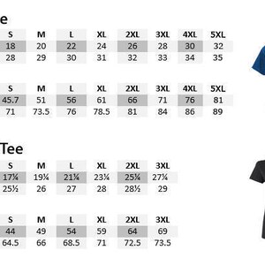 May include: Size chart for unisex and women's t-shirts. The chart shows measurements in inches and centimeters for different sizes, from S to 5XL. The chart includes width and length measurements for both the unisex and women's t-shirts.