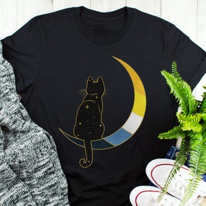 Aroace Pride Shirt, Sonnenuntergang Flagge, Frauen, Männer, Aro Ace Pride Geschenk, LGBT T-Shirt, Gay Pride, Aromantic Asexual, Space Moon Cat, schwarze Katze