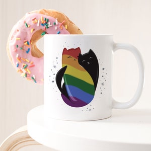 Taza de café con el orgullo gay del arcoíris, regalo con la bandera del arcoíris, taza LGBT, festival del orgullo del mes del orgullo gay, LGBTQ LGBTQIA, gato negro del orgullo gay