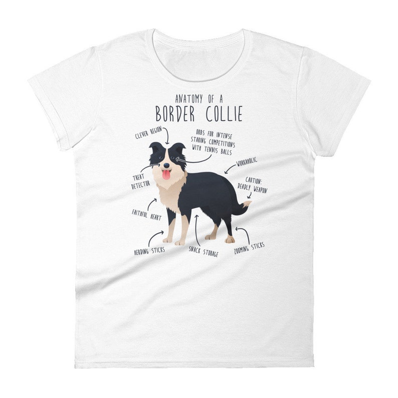 May include: White t-shirt featuring a black and white illustration of a Border Collie dog. The illustration is labelled with humorous anatomical features, such as "Treat Detector", "Snack Storage", and "Deadly Weapon". The text "Anatomy of a Border Collie" is at the top of the illustration.