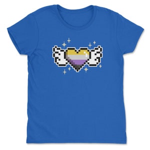 a blue t - shirt with a pixel heart and stars