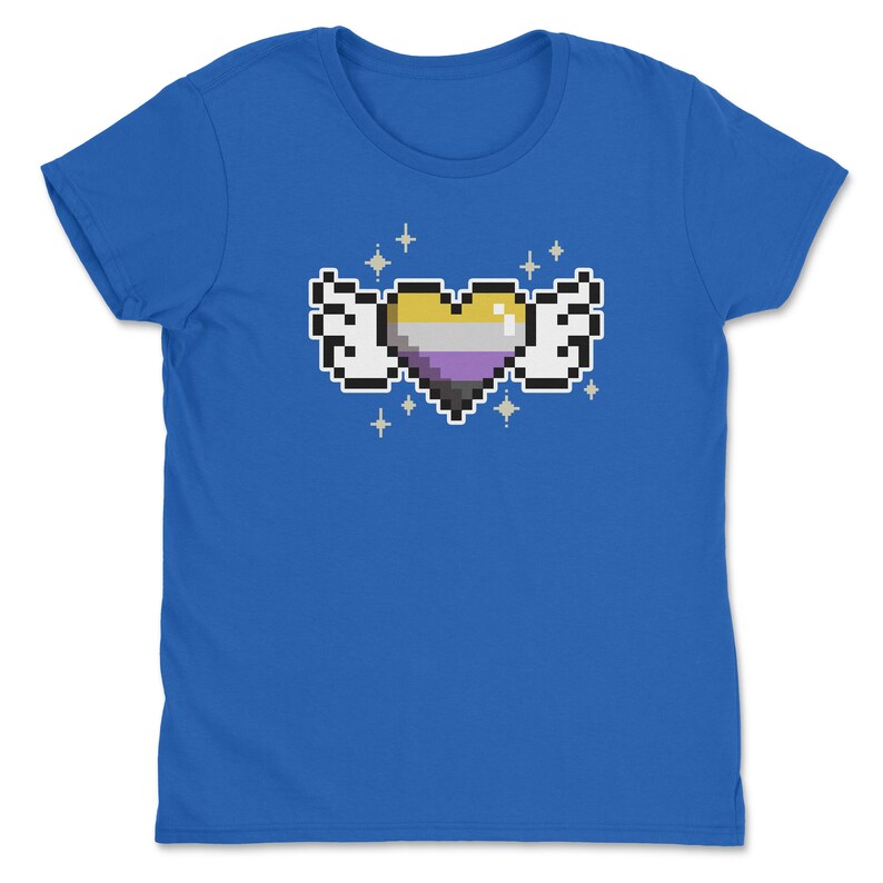 a blue t - shirt with a pixel heart and stars