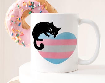 Transgender Pride Coffee Mug, Trans Flag Gift, LGBT Mug, Butterfly, Gay Pride Month Festival, Subtle, Discreet, Black Cat Heart