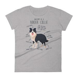May include: A grey t-shirt featuring a black and white illustration of a Border Collie dog. The illustration is labelled with humorous anatomical features, such as "Clever Region", "Treat Detector", "Faithful Heart", "Snack Storage", "Herding Sticks", "Zoomies Sticks", "Caution: Deadly Weapon", and "Workaholic".