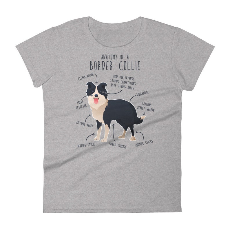 May include: A grey t-shirt featuring a black and white illustration of a Border Collie dog. The illustration is labelled with humorous anatomical features, such as "Clever Region", "Treat Detector", "Faithful Heart", "Snack Storage", "Herding Sticks", "Zoomies Sticks", "Caution: Deadly Weapon", and "Workaholic".