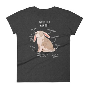 May include: A grey t-shirt featuring a cartoon illustration of a rabbit with the text "Anatomy of a Rabbit" and various humorous anatomical labels.