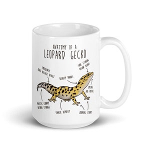 Puede incluir: Taza de cer&aacute;mica blanca con una ilustraci&oacute;n de dibujos animados de un gecko leopardo y el texto "Anatom&iacute;a de un gecko leopardo". La ilustraci&oacute;n muestra las partes del cuerpo del gecko etiquetadas con nombres humor&iacute;sticos como "Visiones de ojos que miran el alma", "Dep&oacute;sito de bocadillos" y "Troncos en zoom".