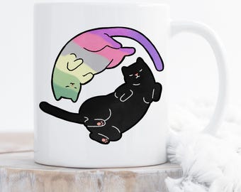 Genderfae Pride Kaffeebecher, Genderdoe Flagge Geschenk, LGBT Becher Geschenk, Gay Pride, LGBTQIA, Nonbinary, Transgender Yin Yang Katze, schwarze Katze, Subtil