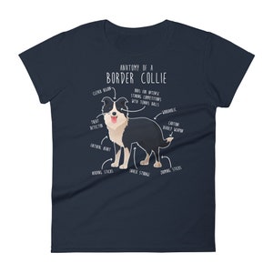 May include: A navy blue t-shirt featuring a white graphic of a border collie dog. The graphic is labelled with humorous anatomical features, such as "treat detector", "snack storage", and "zoomies sticks".