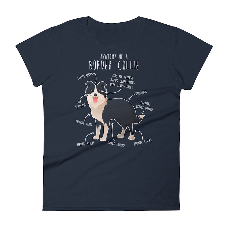 May include: A navy blue t-shirt featuring a white graphic of a border collie dog. The graphic is labelled with humorous anatomical features, such as "treat detector", "snack storage", and "zoomies sticks".