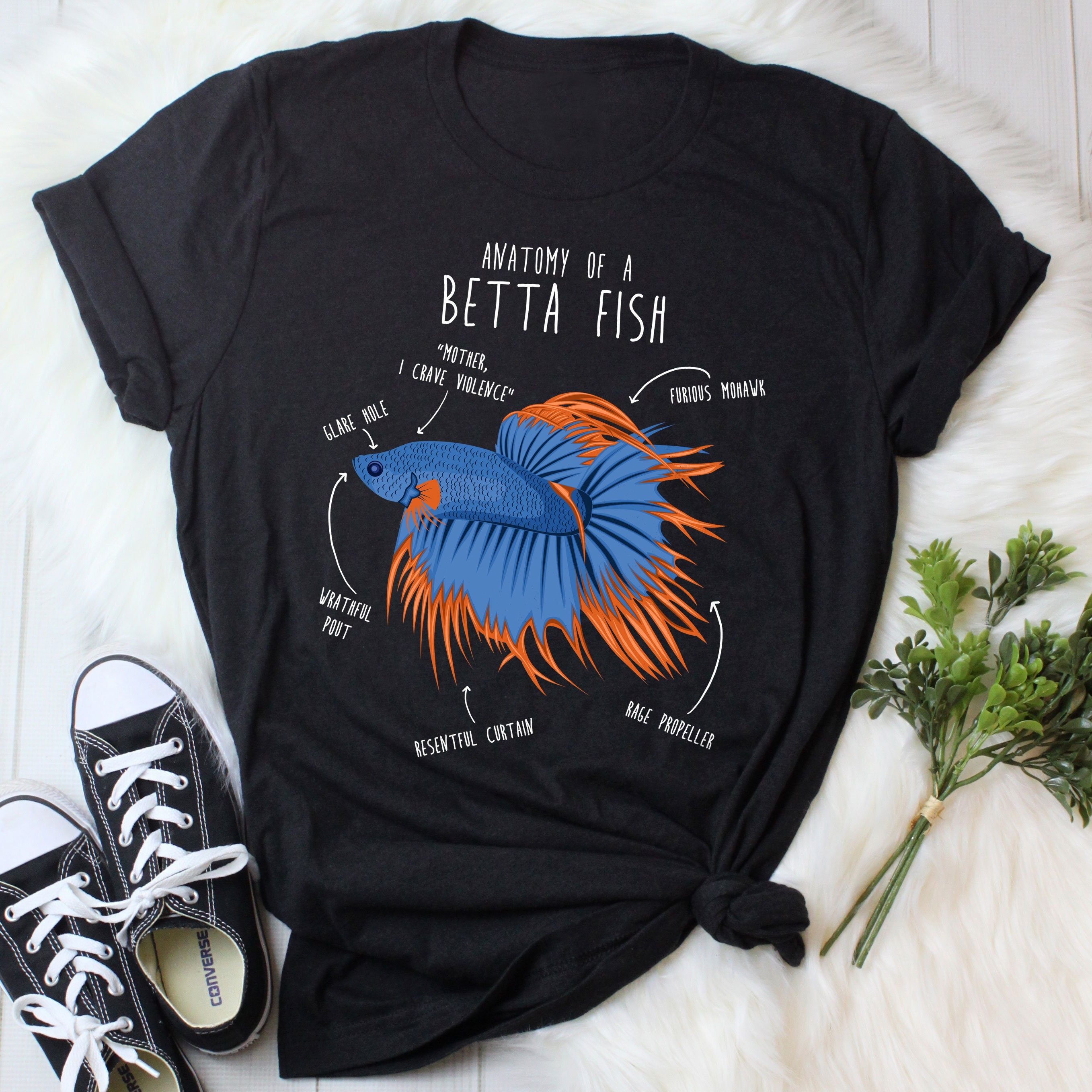 Betta Fish Shirt, Women, Men, Funny Betta Lover Gift, Cute Pet Siamese Fighting Fish T-Shirt, Tropical Aquarium Tank Tshirt, Anatomy