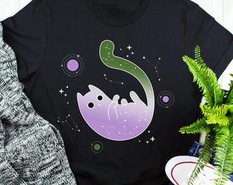 Genderqueer Pride Shirt, Pride Flag Gift, LGBT T-shirt Gay Pride Tee LGBTQ Transgender Nonbinary Trans Non Binary Space Galaxy Cat Black Cat