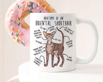 Taza de gato oriental de pelo corto, regalo divertido de gato oriental de pelo corto atigrado canela, taza de café adorable para amantes de los gatos, gato marrón, mamá gata, papá felino