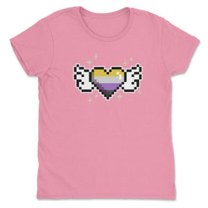 a pink t - shirt with a pixel heart on it