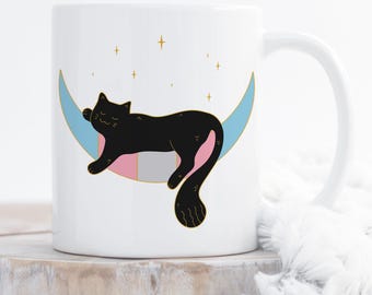 Transgender Pride Coffee Mug, Trans Flag Gift, LGBT Mug, Butterfly, Gay Pride Month Festival, Subtle, Discreet, Space Moon Cat, Black Cat