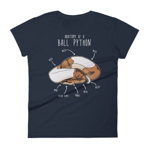 Pu&ograve; includere: Una maglietta blu navy con un'illustrazione bianca di un pitone palla arrotolato. L'illustrazione &egrave; etichettata con le parole "Anatomia di un pitone palla" e include etichette per il collo, la testa, i fagioli della vista e il pbbbt del serpente.