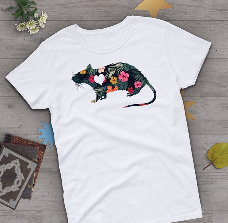 Rat Shirt, Women Men, Rat Lover Gift, Cute Rat T-shirt, Pet Lover TShirt, Graphic Tee, Tops, Clothing, Mouse, Flowers, Grey, Purple, Pink 