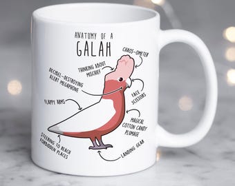 May include: White ceramic mug featuring a diagram of a Galah, with labeled parts like "Flappy Arms" and "Chaos-Ometer." The bird is depicted in pink and white, with the text "Anatomy of a Galah" at the top. A fun, novelty item.