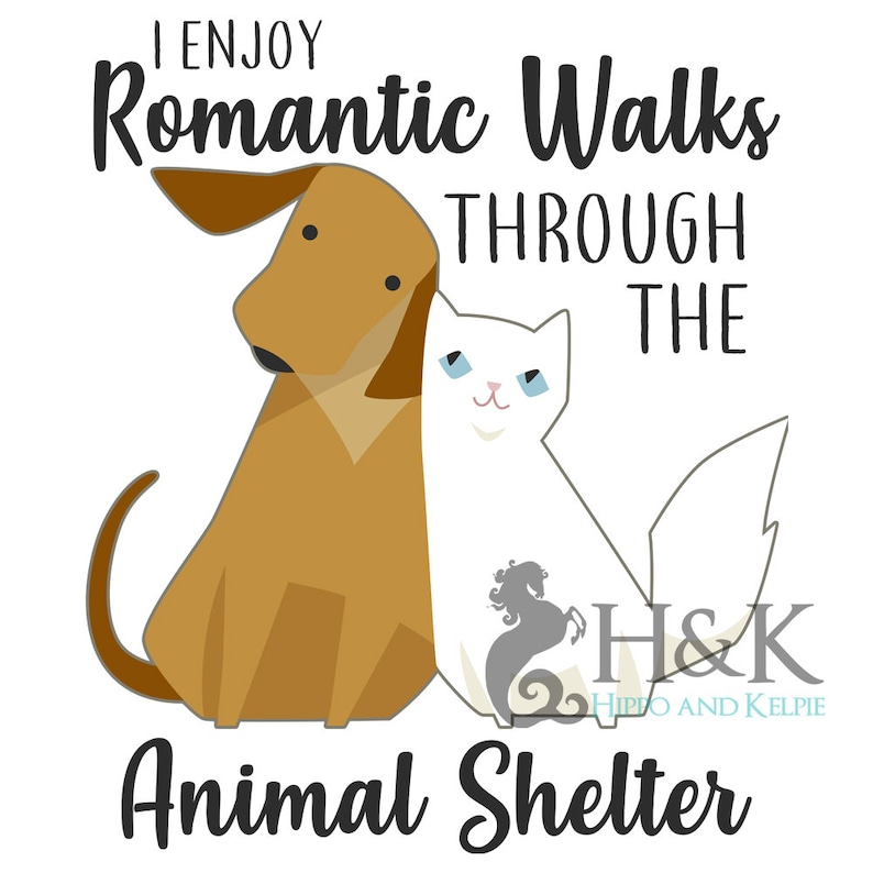 May include: A brown dog and a white cat are sitting together. The text "I ENJOY Romantic Walks THROUGH THE Animal Shelter" is written above them. The text "H&K HIPPO AND KELPIE" is written below them.
