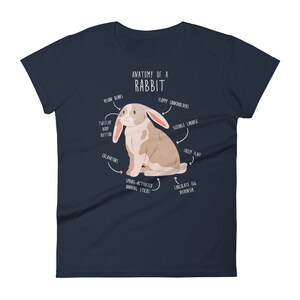 May include: A navy blue t-shirt featuring a white illustration of a rabbit with the text "Anatomy of a Rabbit" and various labels pointing to different parts of the rabbit's body.