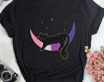Maglietta Genderfluid Pride, regalo per l'orgoglio non binario, maglietta LGBT, maglietta con bandiera Gender Fluid, LGBTQ, transgender trans, gatto lunare spaziale, gatto nero
