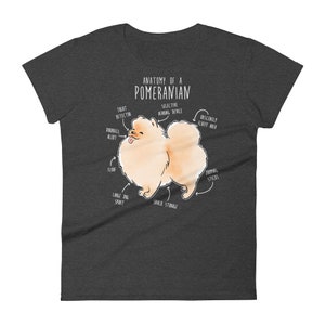K&ouml;nnte beinhalten: Ein dunkelgraues T-Shirt mit einer wei&szlig;en Illustration eines Zwergspitz-Hundes. Die Illustration ist mit humorvollen anatomischen Begriffen beschriftet, wie z. B. "Leckerli-Detektor", "Obsz&ouml;n flauschiger Bereich" und "Snack-Lagerung".