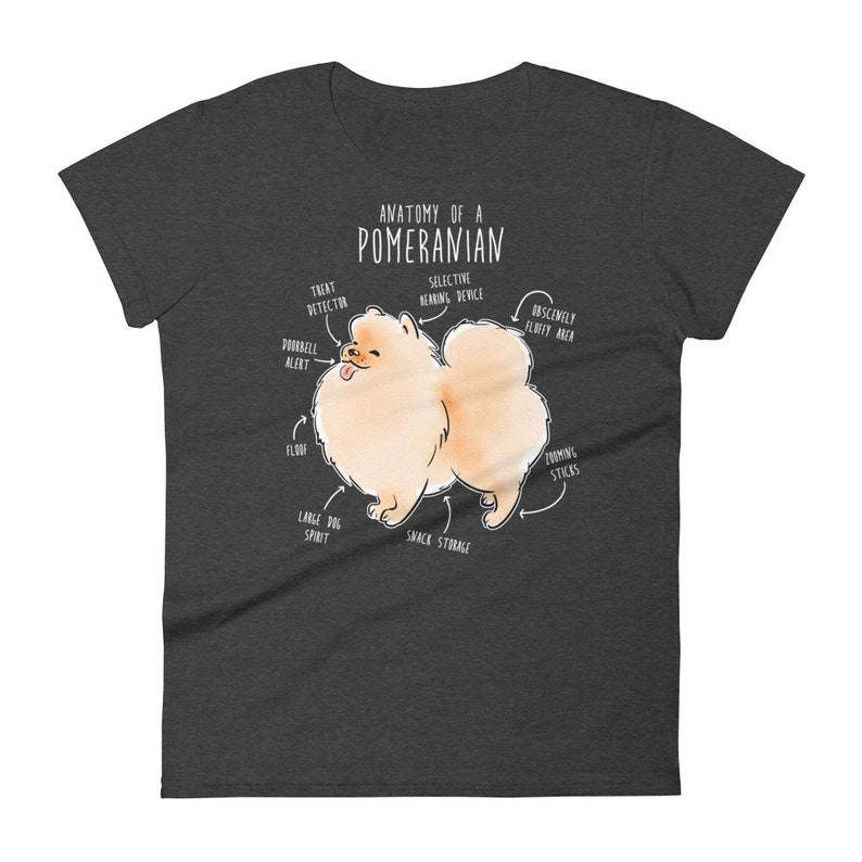 K&ouml;nnte beinhalten: Ein dunkelgraues T-Shirt mit einer wei&szlig;en Illustration eines Zwergspitz-Hundes. Die Illustration ist mit humorvollen anatomischen Begriffen beschriftet, wie z. B. "Leckerli-Detektor", "Obsz&ouml;n flauschiger Bereich" und "Snack-Lagerung".