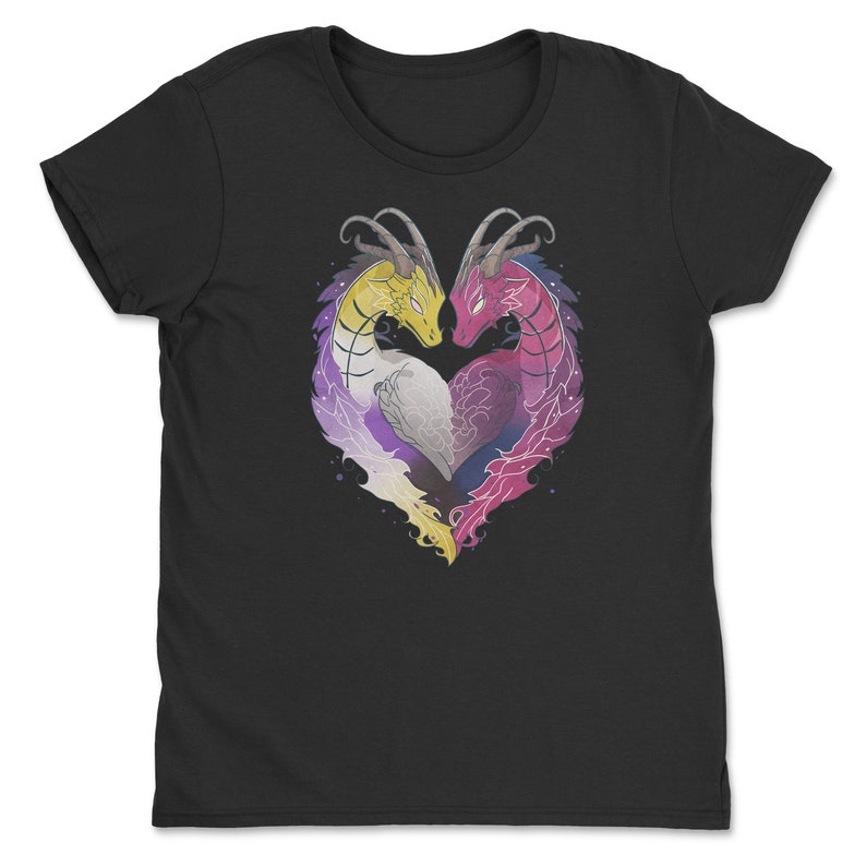 a black t - shirt with two birds in the shape of a heart