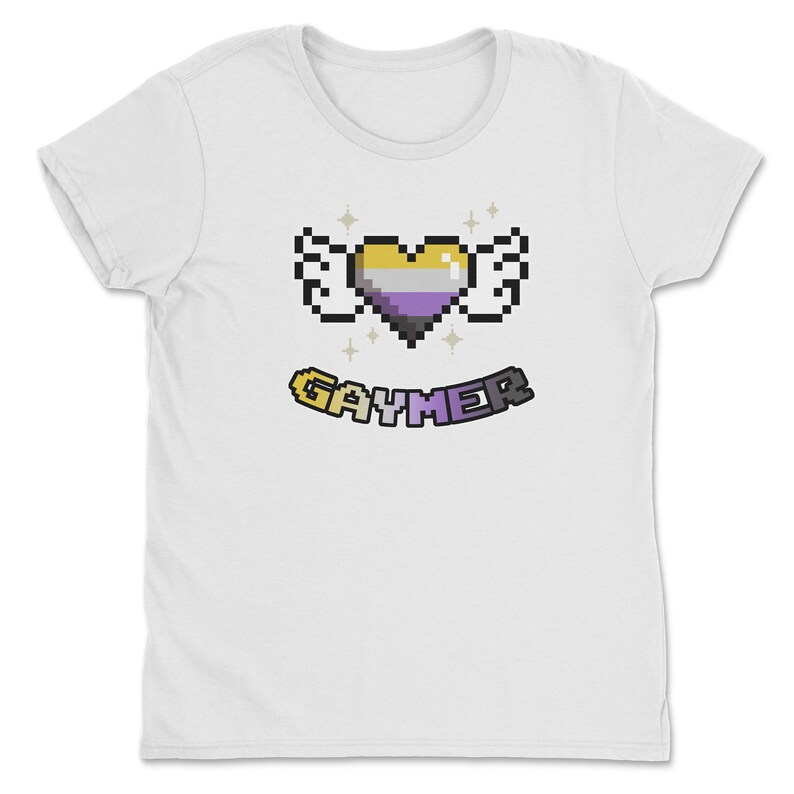 a white t - shirt with a pixel heart in the middle
