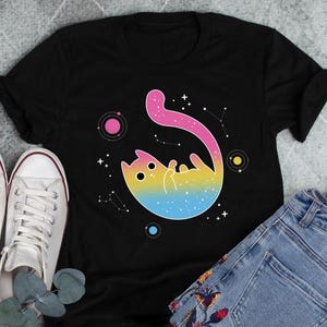 Pansexual Pride Shirt, Women Men, Pan Pride Flag Gift, LGBT T-shirt, Gay Pride Month Festival Tee, Subtle Space Galaxy Cat, Black Cat