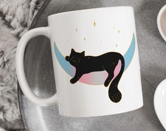 Transgender Pride Coffee Mug, Trans Flag Gift, LGBT Mug, Butterfly, Gay Pride Month Festival, Subtle, Discreet, Space Moon Cat, Black Cat