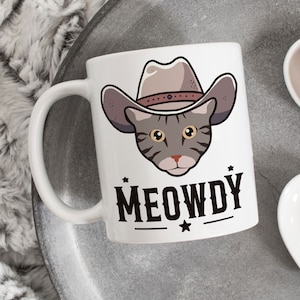 Taza de café con maullidos de gato Ocicat, regalo divertido para amantes de los gatos vaqueros, linda taza de café con maullidos, regalo para ella, él, mamá gata mascota, papá, meme del oeste de Texas