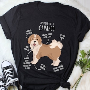 Puede incluir: Una camiseta negra con un gráfico blanco de un perro Cavapoo. El gráfico incluye texto que dice "Anatomía de un Cavapoo" y enumera varias características del perro, como "Magical Curly Cloud Fluff", "Feather Duster" y "Snack Inhaler".