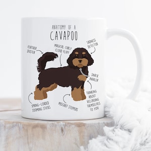 May include: White ceramic mug featuring a black and brown Cavapoo illustration with labeled body parts like "Feather Duster" and "Snack Inhaler." The mug has a white handle and the text "Anatomy of a Cavapoo."