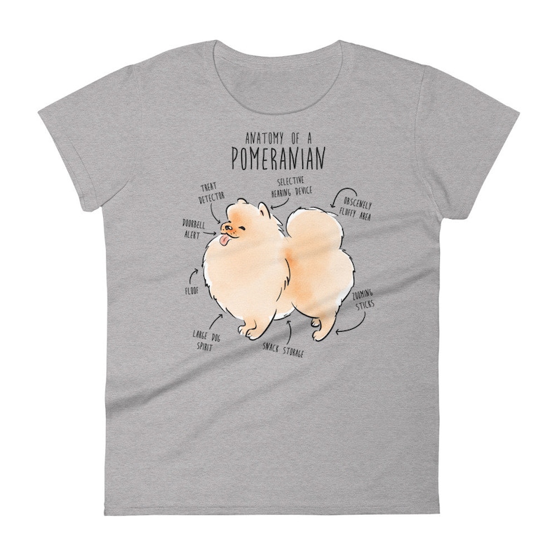 K&ouml;nnte beinhalten: Ein graues T-Shirt mit einer Cartoon-Illustration eines Zwergspitz-Hundes. Die Illustration ist mit humorvollen anatomischen Merkmalen beschriftet, wie "Leckerli-Detektor", "Obsz&ouml;n flauschiger Bereich" und "Snack-Versteck".