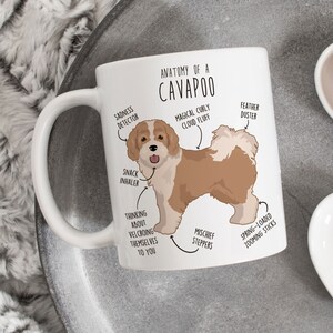 May include: White ceramic mug with a brown and white cartoon Cavapoo dog illustration. The mug features a humorous anatomical chart with labels like "Snack Inhaler", "Mischief Steppers", and "Spring-Loaded Zooming Sticks".