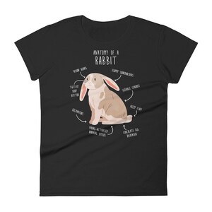 May include: A black t-shirt featuring a white illustration of a rabbit with the text "Anatomy of a Rabbit" and a humorous description of the rabbit's body parts.