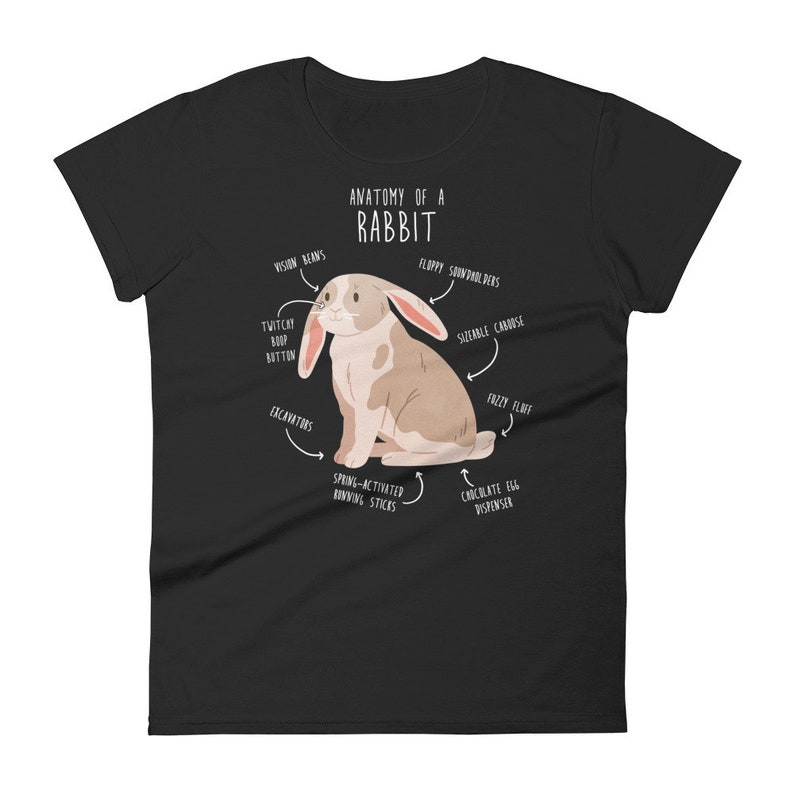 May include: A black t-shirt featuring a white illustration of a rabbit with the text "Anatomy of a Rabbit" and a humorous description of the rabbit's body parts.