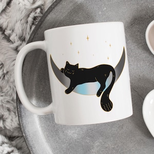 Demiboy Pride Coffee Mug, Demiboy Pride Flag Gift, LGBT Gift, Agender, Nonbinary, Genderqueer Transgender Trans Demiguy Space Moon Black Cat