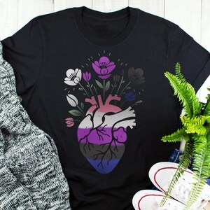 Genderfluid Pride Shirt, Non Binary Pride Gift, LGBT T-shirt, Gender Fluid Flag Tee, LGBTQ, Transgender Trans, Floral Heart Goth Cottagecore