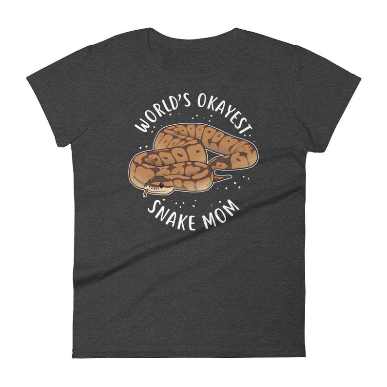 May include: A dark heather grey t-shirt with a white graphic of a snake and the text "World's Okayest Snake Mom".