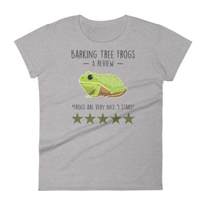 May include: A gray t-shirt with a green tree frog illustration and the text "Barking Tree Frogs - A Review - "Frogs are very nice 5 stars" with five gold stars.